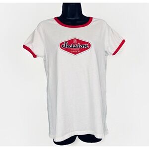 Sessions Lager Womens LG Ringer T-Shirt White Red Logo Tee Beer‎ Collector Top